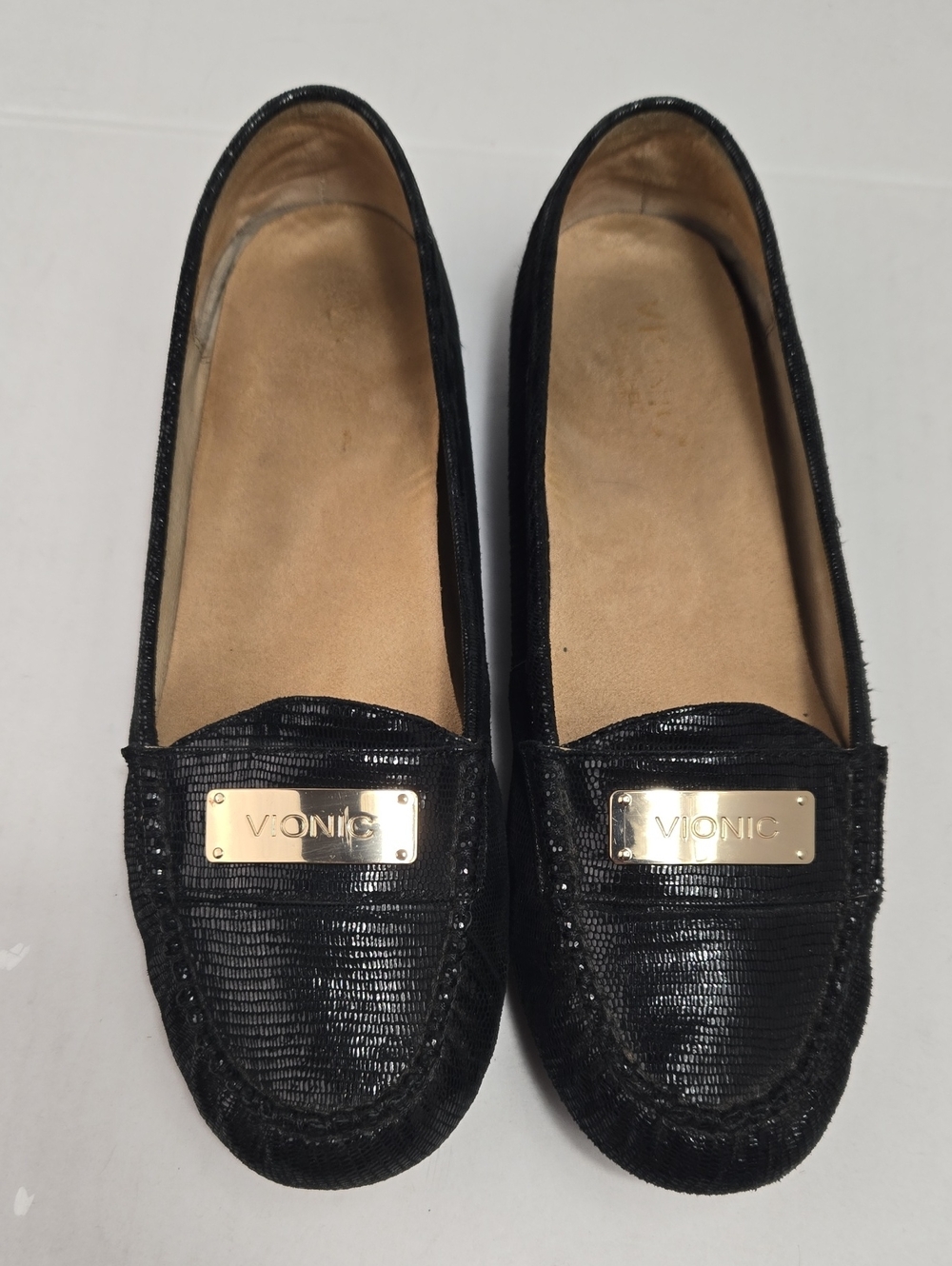 Vionic Sydney Leather Reptile Embosed Black Sparkle Loafers / Flats Women' Sz 10